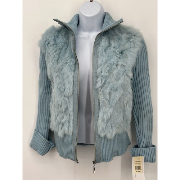 Vintage Y2K CHEBELLO  Rabbit Fur Leather Trim Zip Up Sweater Size M  NWT$179‎ - Picture 6 of 17